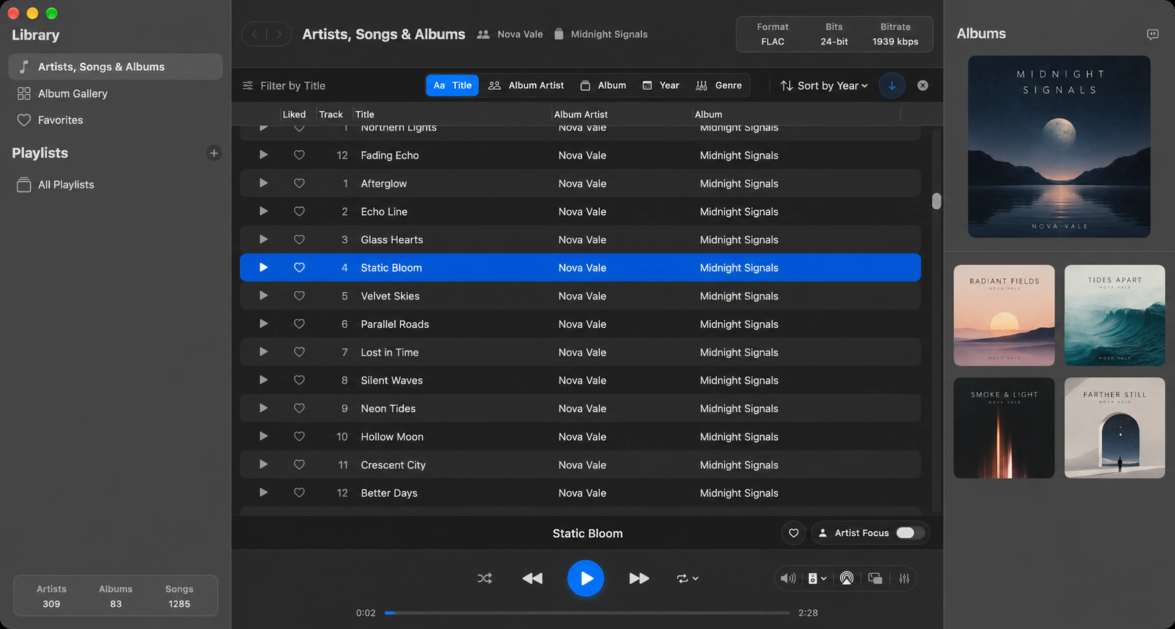 Mixo Player song library with track metadata, album grouping, and playback controls.