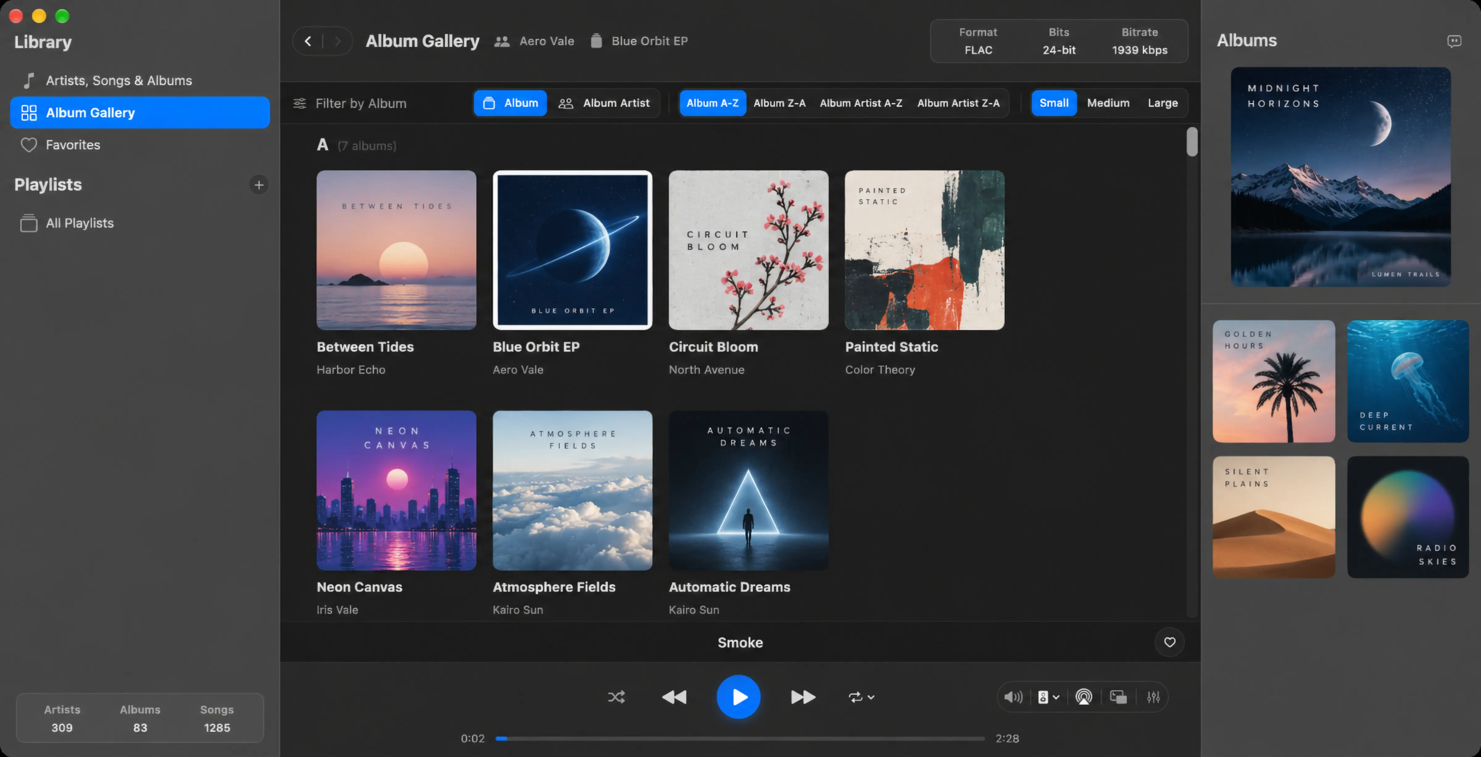 Mixo Player Album Gallery showing album artwork, artist names, album filters, and FLAC playback details.