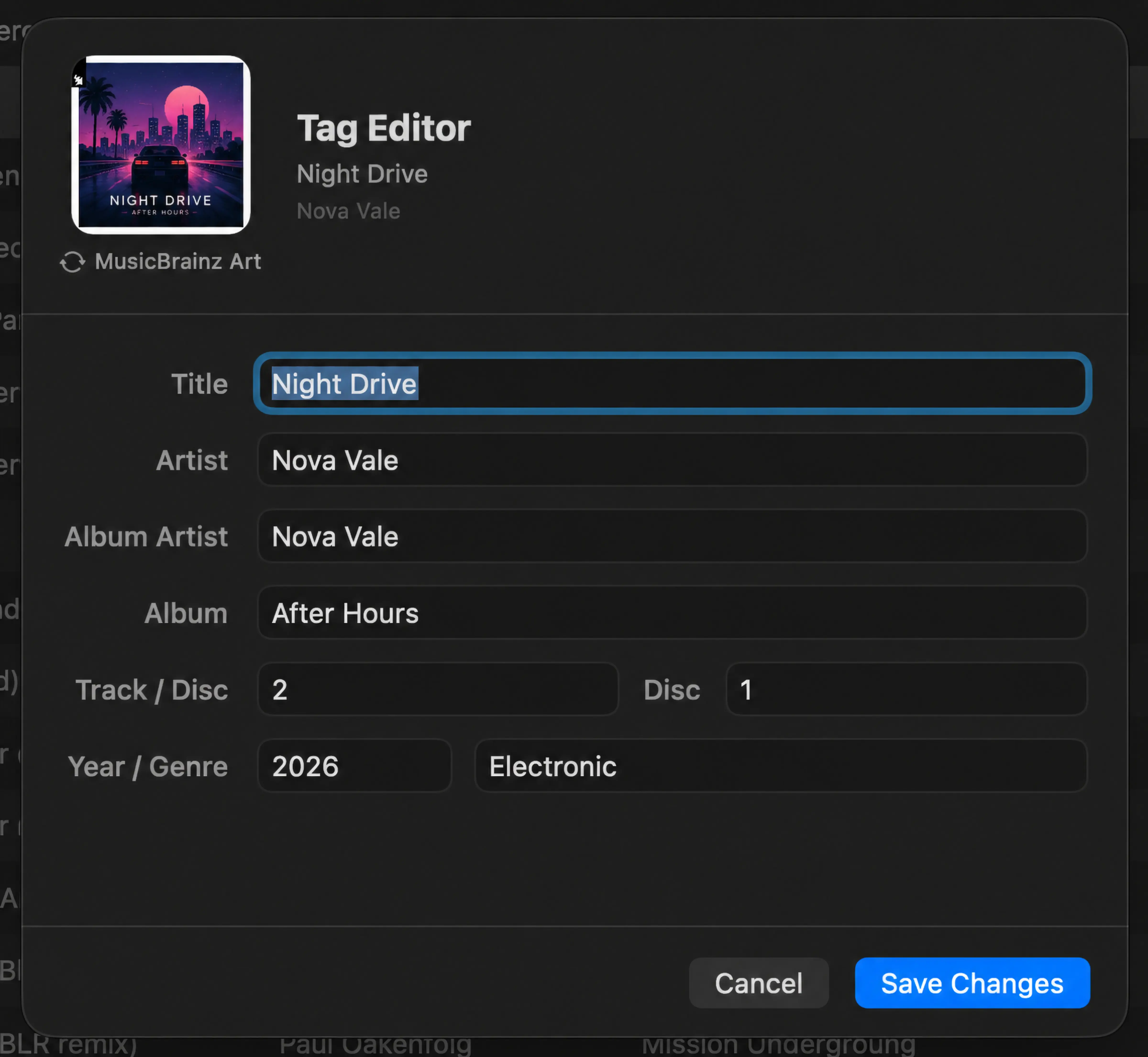 Mixo Player metadata editor with editable track fields and album artwork.